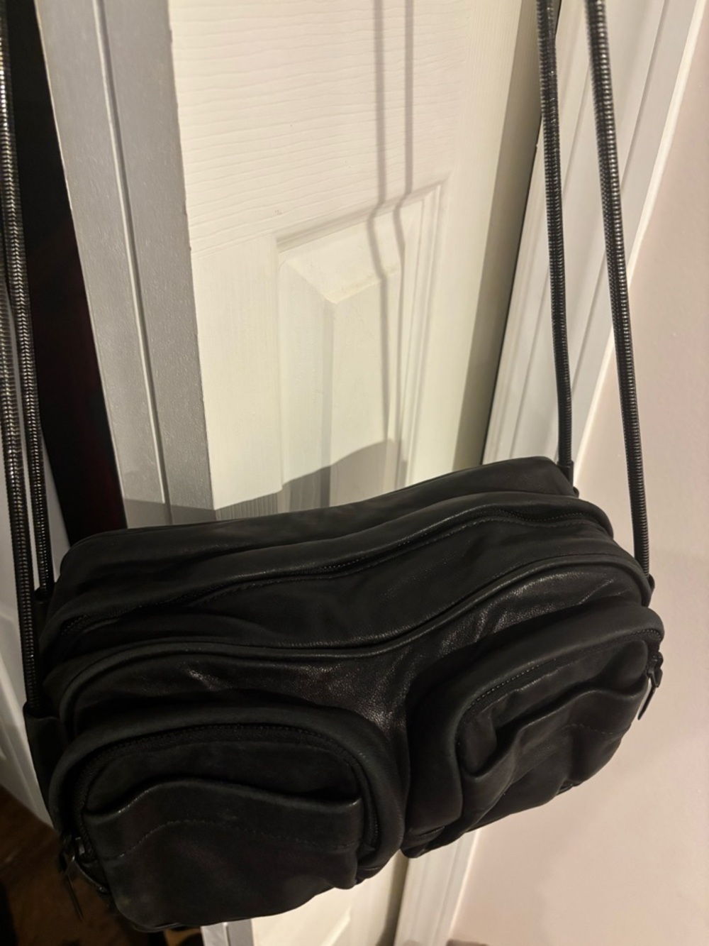 Alexander Wang Brenda Leather Shoulder Bag with Front Zip Pockets Black on Black